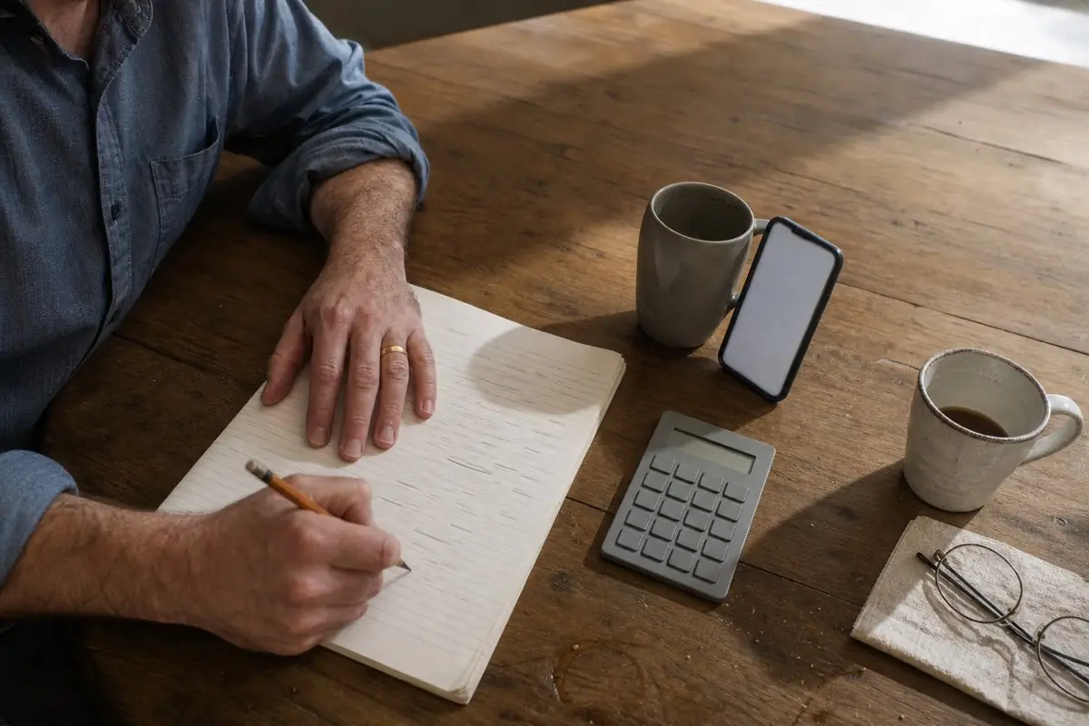 Overhead view of a man writing calculations in a paper notebook beside a calculator and a propped-up phone on a kitchen table