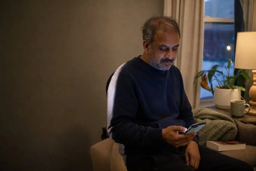 Man sitting on the arm of a sofa in the evening glancing at his phone, a reading lamp and a mug beside him