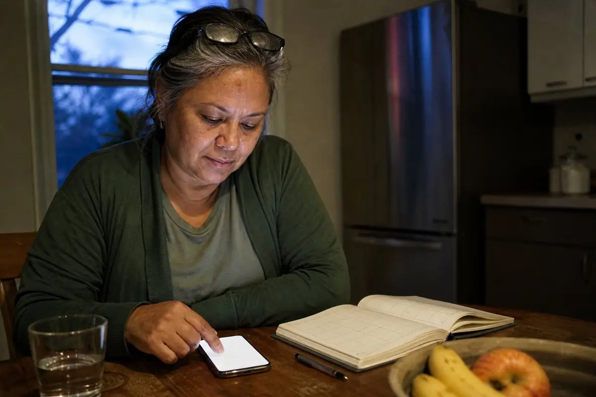 Woman in her fifties at a kitchen table in the evening tapping her phone, with a paper planner and a glass of water next to it