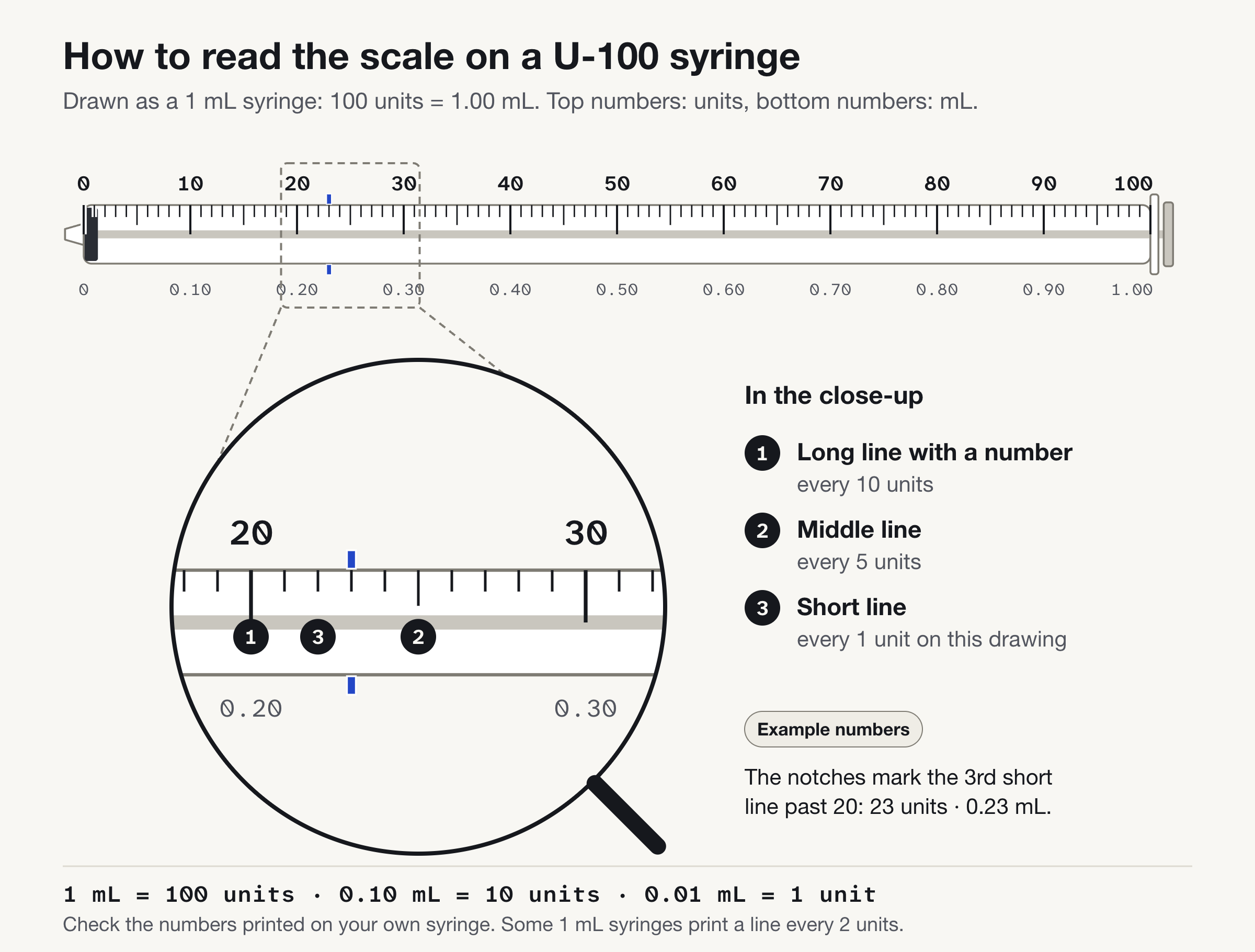 A 1 mL U-100 syringe scale with a magnifier on the lines between 18 and 32 units: long numbered lines every 10 units, middle lines every 5, short lines every unit. Example notches at 23 units, 0.23 mL.